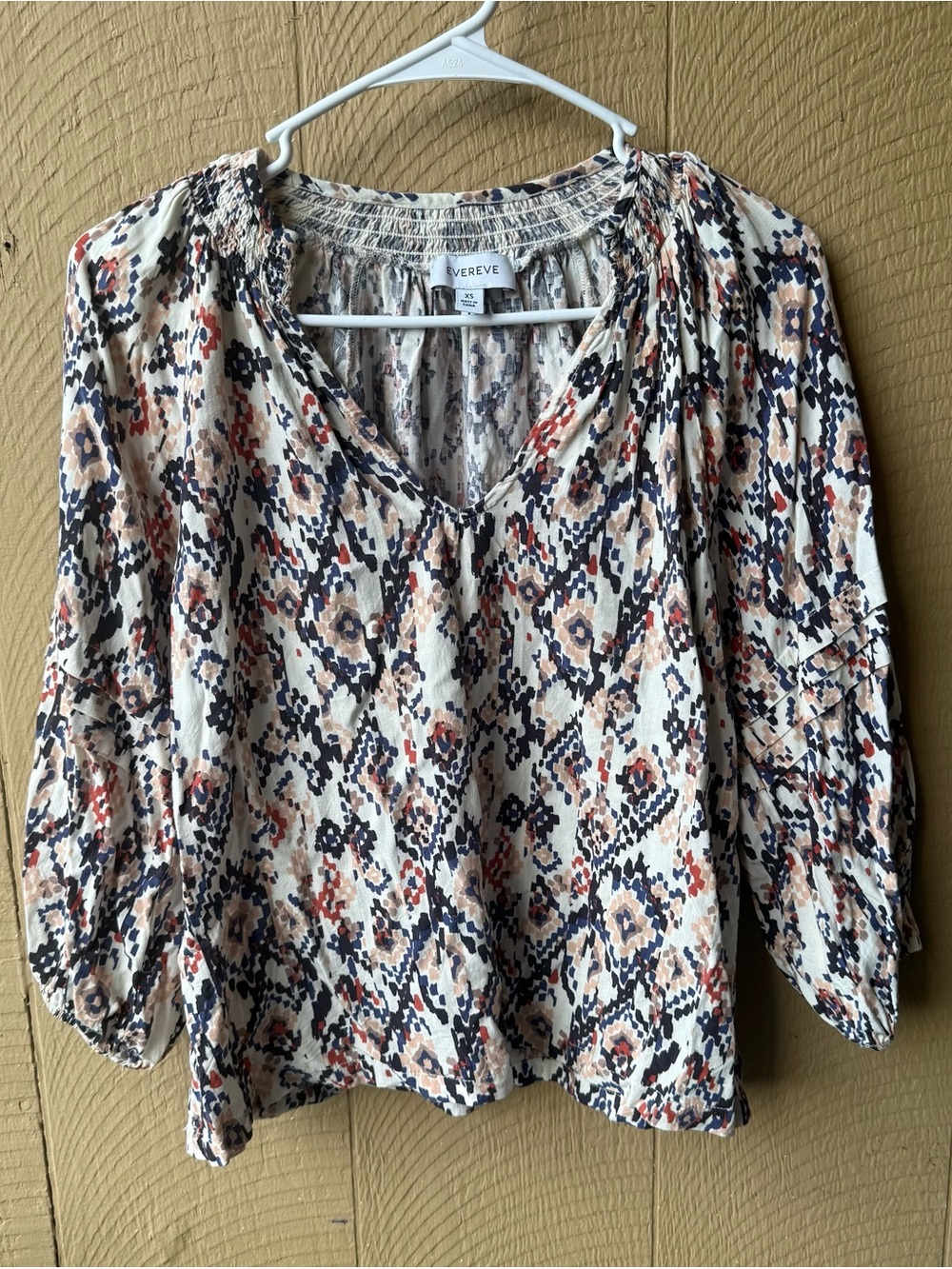 Evereve Cream Floral V-Neck Tunic with Navy & Rust Ikat accents